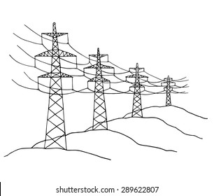 Cartoon power lines delivering energy standing in a row. Sketch  high voltage electric power transmission on land. Hand drawn vector illustration  isolated on white.