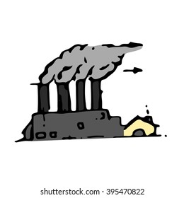 Cartoon power plant or factory icon. Stock hand drawn vector illustration.