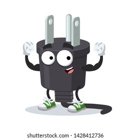 cartoon power plug type B mascot shows its strength on a white background