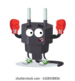 cartoon power plug type C mascot in red boxing gloves on white background