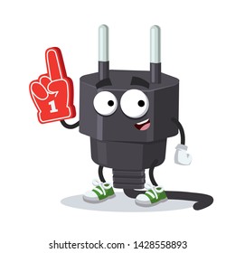 cartoon power plug type C character mascot with the number 1 one sports fan hand glove on a white background