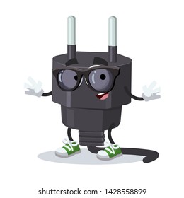 cartoon power plug type C character mascot in black sunglasses on a white background
