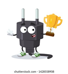 cartoon power plug type C mascot holds the number one cup on white background