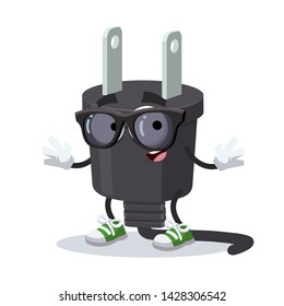 cartoon power plug type A character mascot in black sunglasses on a white background