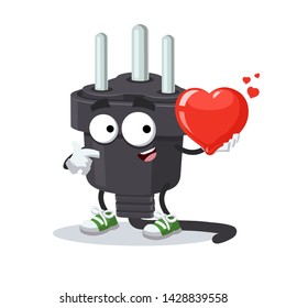 cartoon power plug type D character mascot keeps the heart on white background