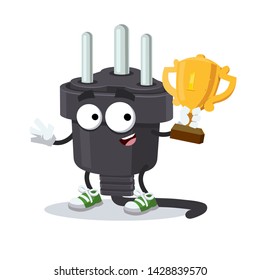 cartoon power plug type D mascot holds the number one cup on white background