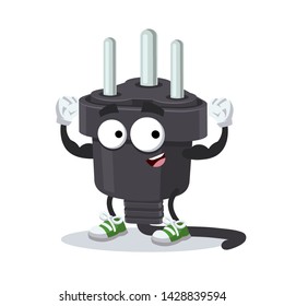 cartoon power plug type D mascot shows its strength on a white background