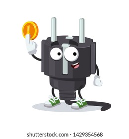 cartoon power plug type F mascot keeps the coin on white background