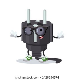 cartoon power plug type F character mascot in black sunglasses on a white background