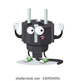 cartoon power plug type F mascot shows its strength on a white background