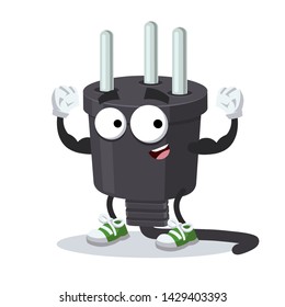 cartoon power plug type H mascot shows its strength on a white background