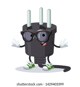 cartoon power plug type H character mascot in black sunglasses on a white background