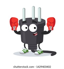 cartoon power plug type H mascot in red boxing gloves on white background