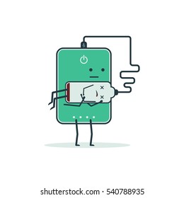 Cartoon powerbank holding a friend's battery. Touching moment of life saving.