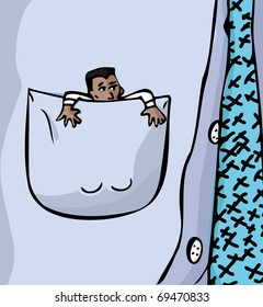 Cartoon of an powerless worker stuffed in the pocket of his boss.