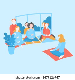 Cartoon Pregnancy courses for couples. Pregnant women practice yoga with husbands. Future mothers support, parenthood club. Parenting training vector illustration