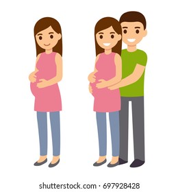 Cartoon pregnant woman and expecting couple. Cute character vector illustration.