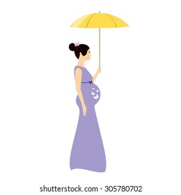 Cartoon Pregnant woman with umbrella vector illustration. Pregnant woman Isolated on white background. Vector Pregnant lady isolated. Pregnant woman in profile vector illustration.
