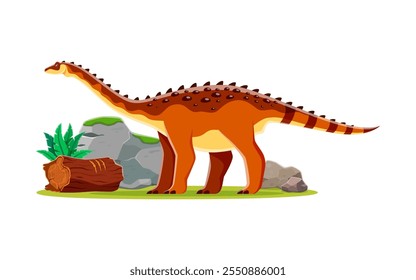 Cartoon prehistoric aegyptosaurus dinosaur character. Isolated vector titanosaurian sauropod dino from Late Cretaceous period. Ancient long-necked herbivore reptile animal at lush landscape with rocks