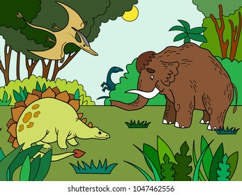 Cartoon prehistoric animals coloring vector illustration. Color image.