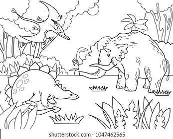 Cartoon prehistoric animals coloring vector illustration. Black and white image.