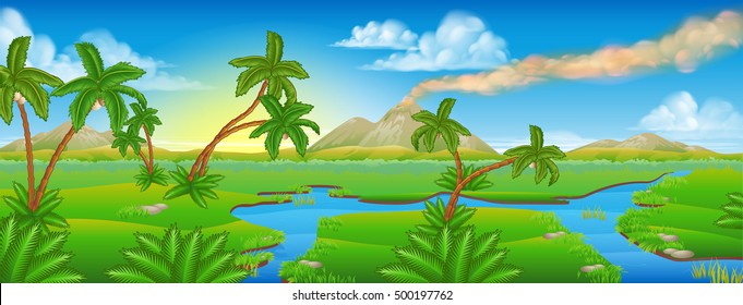 A cartoon prehistoric background Jurassic scene landscape 