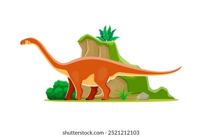 Cartoon prähistorischen Cetiosaurus Dinosaurier Charakter. Einzeln Vektor Genie sauropod Dino aus der Mitte Jurassic Periode. Antikes pflanzenfressendes Reptilientier mit langem Hals inmitten prähistorischer Landschaft