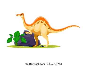 Cartoon prehistoric deinocheirus dinosaur character. Isolated vector genus of large theropod dino from the late cretaceous period. omnivore animal stands near the large boulder surrounded by shrubbery