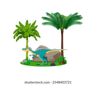 Cartoon prehistoric dinosaur or Allosaurus lizard in jungle forest, vector dino character. Prehistoric funny dinosaur lizard or Allosaurus from Jurassic era in forest park for kids paleontology dino