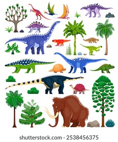 Desenhos animados de dinossauros pré-históricos e plantas. Conjunto vetorial de herbívoros antigos, carnívoros, répteis voadores e mamutes com vegetação da era Jurássica, árvores, rochas e biodiversidade ambiental