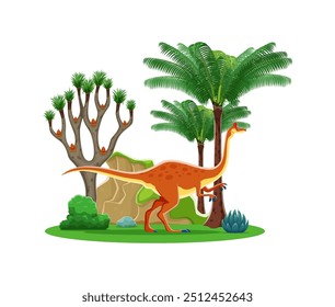 Caráter dinossauro pré-histórico dos desenhos animados, Pelecanimimus na floresta da selva, vetor parque Jurássico brinquedo. Caráter pré-histórico do dinossauro Pelecanimimus dino para a coleção de lagartos e répteis pré-história