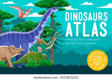 Cartoon prehistoric dinosaur characters for atlas book cover or encyclopedia, vector background. Dino world atlas book cover with funny Jurassic lizards, dino birds and prehistoric dinosaurs in forest