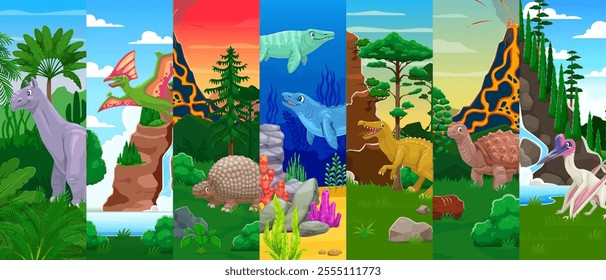 Cartoon prehistoric dinosaur characters collage of Jurassic lizards, vector background. Funny dino animals, pterodactyls and reptiles collage in jungle forest for kids paleontology encyclopedia