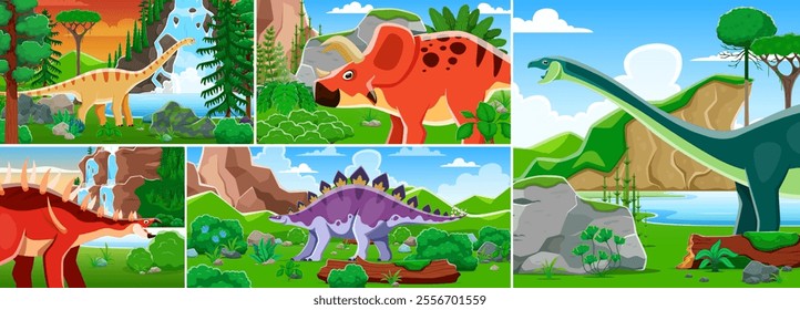 Cartoon prehistoric dinosaur characters collage of Jurassic lizards in jungles, vector background. Funny dino and giant lizards collage in nature forest for kids dinosaurs atlas or paleontology book