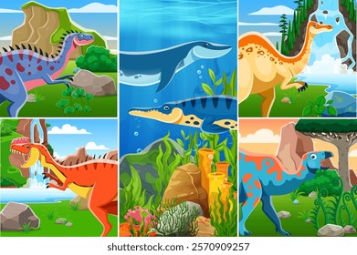 Cartoon prehistoric dinosaur characters collage with Jurassic era lizards and reptiles, vector background. Kids dino park or Jurassic world collage of giant dinosaur and prehistoric underwater retiles