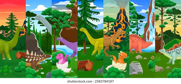 Cartoon prehistoric dinosaur characters collage of jurassic reptiles and cute dino babies in eggs. Vector brontosaurus, camptosaurus and eoraptor, lotosaurus and wuerhosaurus dinosaurs in forest