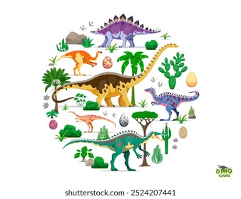 Personajes de dinosaurios prehistóricos de dibujos animados. Especies de dinosaurios de Vector en su hábitat natural, flora y rocas, palmeras, helechos y cactus. Plantas de paisaje antiguo y huevos de dinosaurio en forma circular