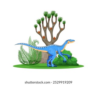 Dibujos animados de dinosaurio prehistórico Eoraptor personaje y divertido dino en la selva, lagarto de Vector. Era jurásica o personaje prehistórico de dinosaurio raptor de especies de Eoraptor para juguetes de paleontología para niños