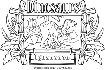 cartoon prehistoric dinosaur iguanodon, coloring book, funny illustration