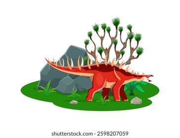 Cartoon prehistoric dinosaur or Kentrosaurus lizard in jungle forest, vector dino character. Prehistoric funny dinosaur lizard or Kentrosaurus from Jurassic era in forest park for kids paleontology