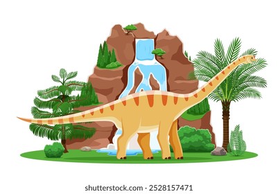 Dibujos animados prehistóricos dinosaurio lagarto, Aragosaurus en el bosque del parque jurásico, personaje de dinosaurio de Vector. Dinosaurio divertido de la era prehistórica Aragosaurus en la selva con cascada en la montaña para niños paleontología