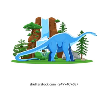 Dibujos animados prehistóricos dinosaurio lagarto, Haplocanthosaurus en la selva, Vector dino carácter. Personaje de dinosaurio prehistórico de la era jurásica, Haplocanthosaurus de especies de saurópodos para paleontología infantil