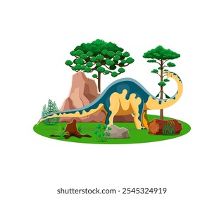 Dibujos animados de dinosaurio prehistórico o lagarto Melanorosaurus en la selva, personaje de dinosaurio de Vector. Lagarto de dinosaurio divertido prehistórico Melanorosaurus de la era Jurásica o Triásica para niños paleontología dino