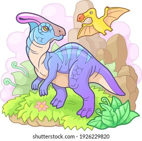 cartoon prehistoric dinosaur parasaurolophus, funny illustration