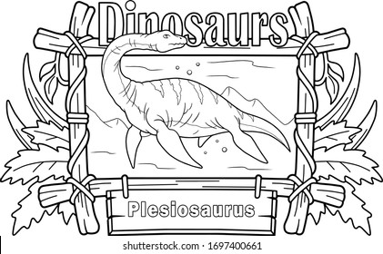 cartoon prehistoric dinosaur plesiosaurus, coloring book, funny illustration