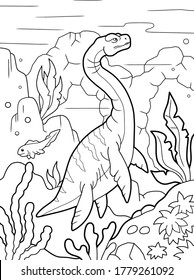 cartoon prehistoric dinosaur plesiosaurus, coloring book, funny illustration