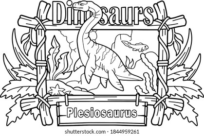 cartoon prehistoric dinosaur plesiosaurus, coloring book, funny illustration