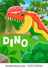 Cartaz pré-histórico de dinossauros. Cobertura vetorial com o animal réptil Monolophosaurus dino em um ambiente exuberante de floresta de selva. Modelo vibrante e divertido para convite de festa ou parque jurássico