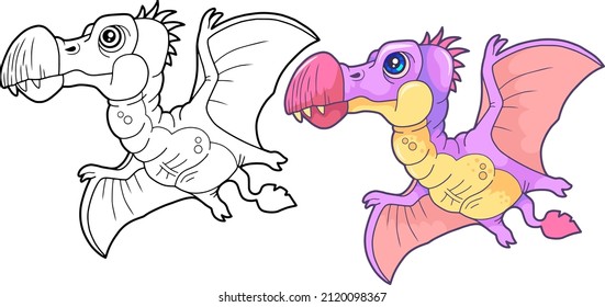 cartoon prehistoric dinosaur pterodactyl, coloring book, funny illustration