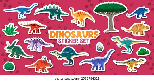 Cartoon prehistoric dinosaur stickers of funny dino lizards, vector Jurassic characters. Dinosaur lizards stickers for kids, dino eggs and footprints of giant reptiles for paleontology toys collection